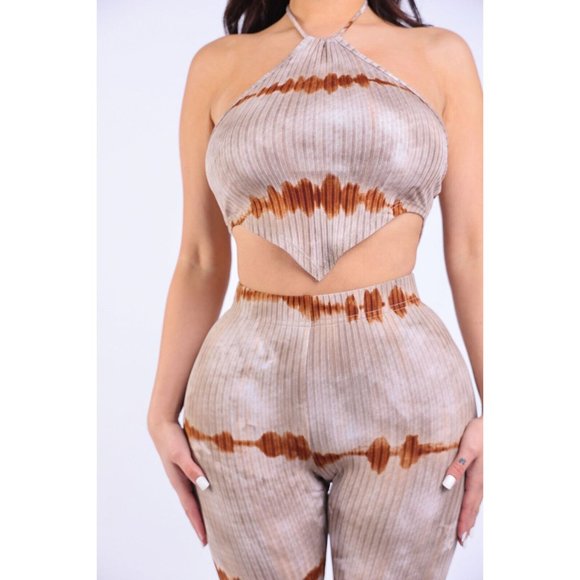Women Tie Dye Printed Rib Halter Top and Matching Legging 2 piece Sets Sexy Cute - Picture 7 of 11